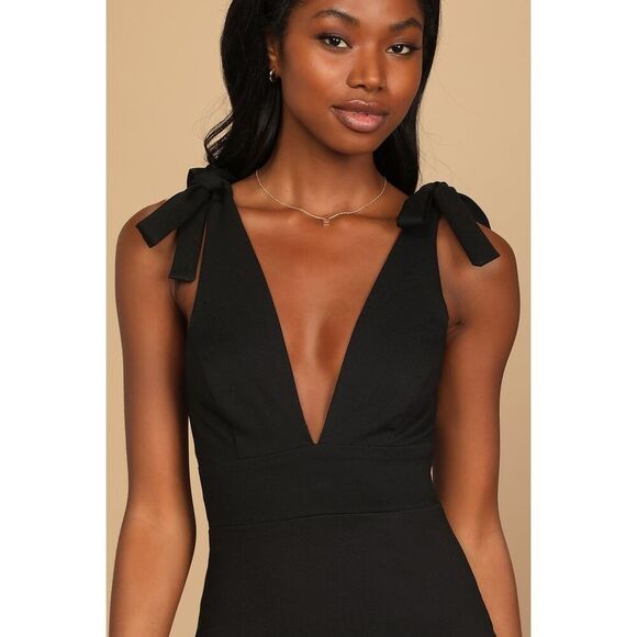 NWT Lulus Date Night Done Right Black Tie-Strap Bodycon Midi Dress Black XS - Picture 2 of 16